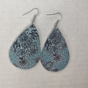 Faux Leather Blue Paisley Tear Drop Earrings